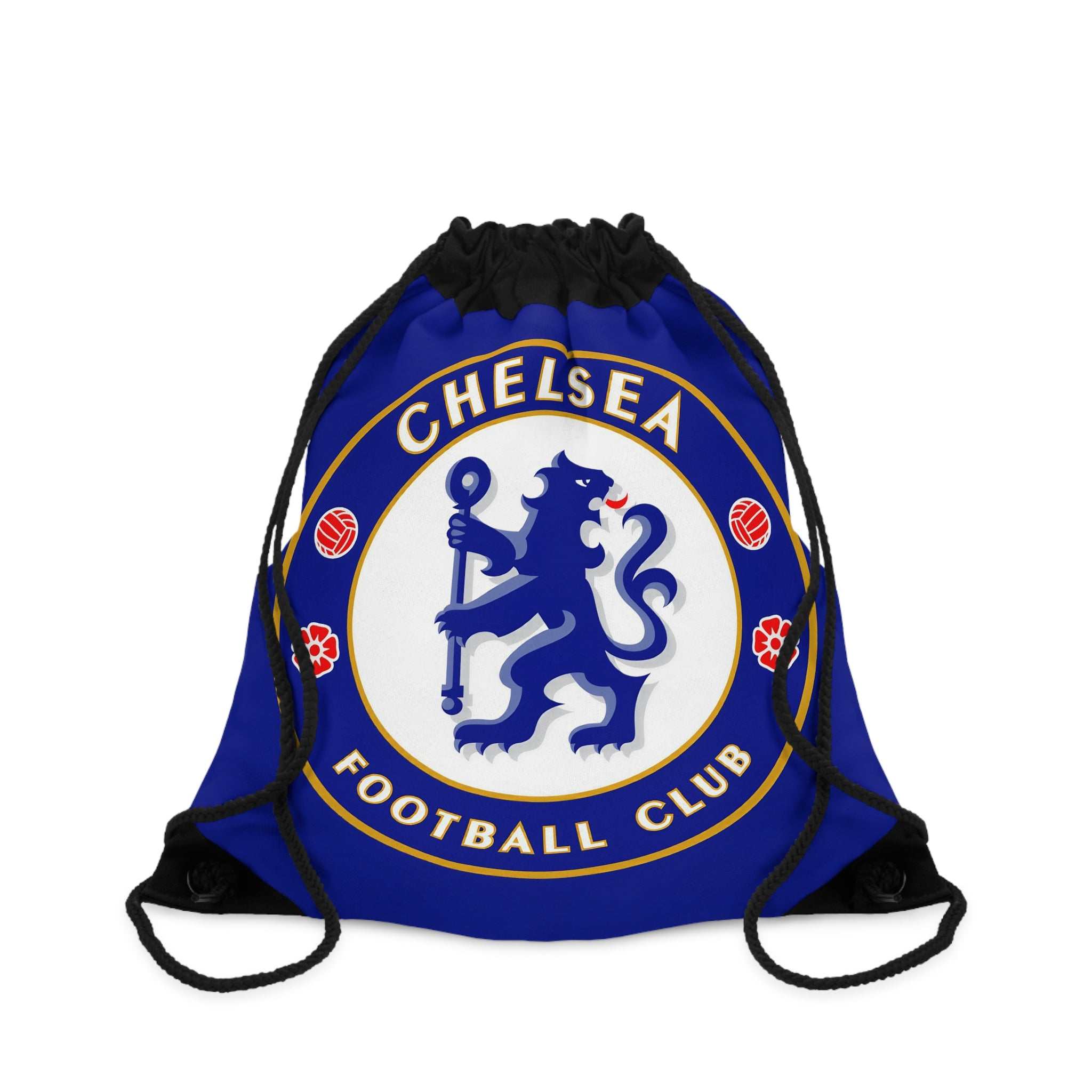 Chelsea FC drawstring bag in blue and white with lion crest, lightweight polyester, spacious, durable, ideal for sports and travel