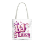 BJ Queen Tote Bag with cheeky design, durable spun polyester, three sizes, and colorful handles