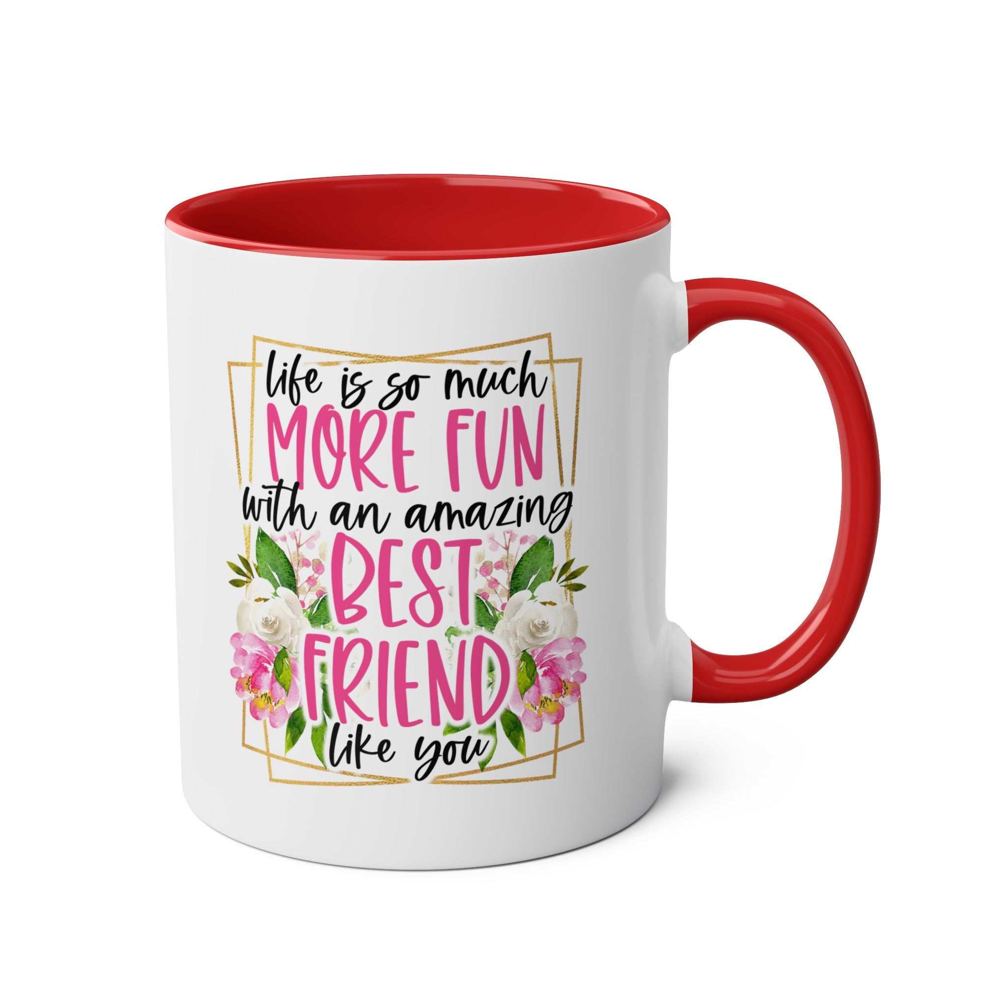 Amazing Friend Coffee Mug with cheeky design and floral accents, red handle, ideal for friendship gifts.