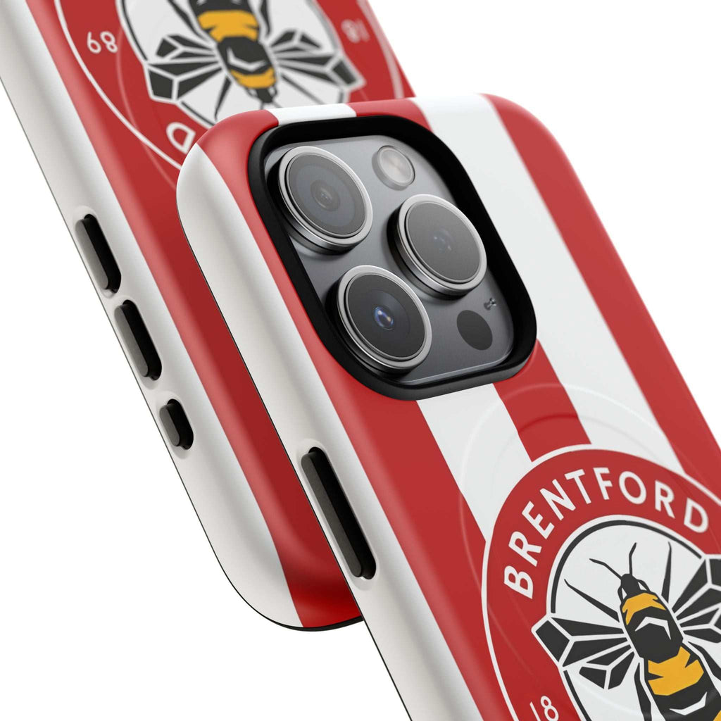 Brentford FC MagSafe iPhone case with red and white design, dual-layer protection, and wireless charging compatibility