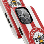 Brentford FC MagSafe iPhone case with red and white design, dual-layer protection, and wireless charging compatibility