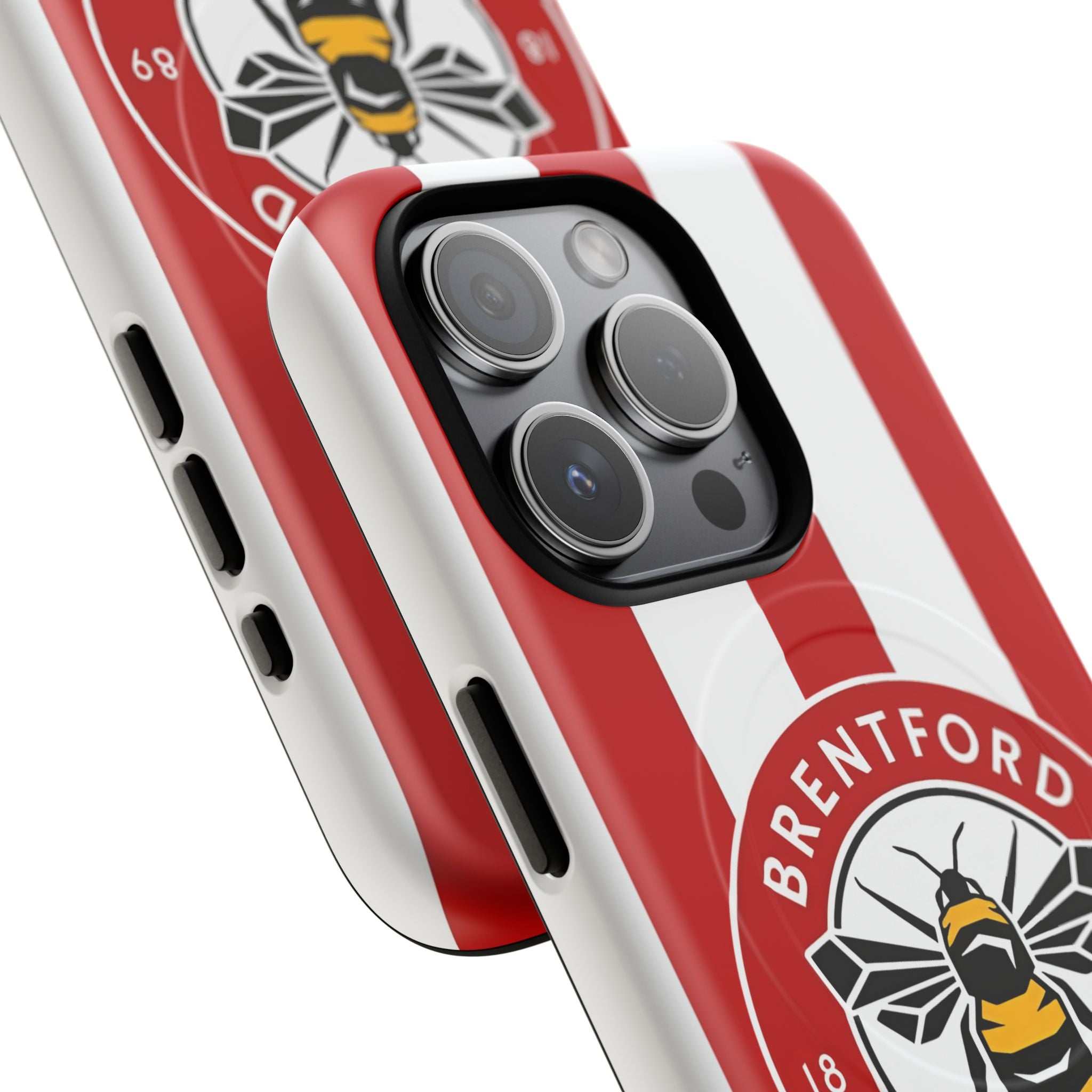 Brentford FC MagSafe iPhone case with red and white design, dual-layer protection, and wireless charging compatibility