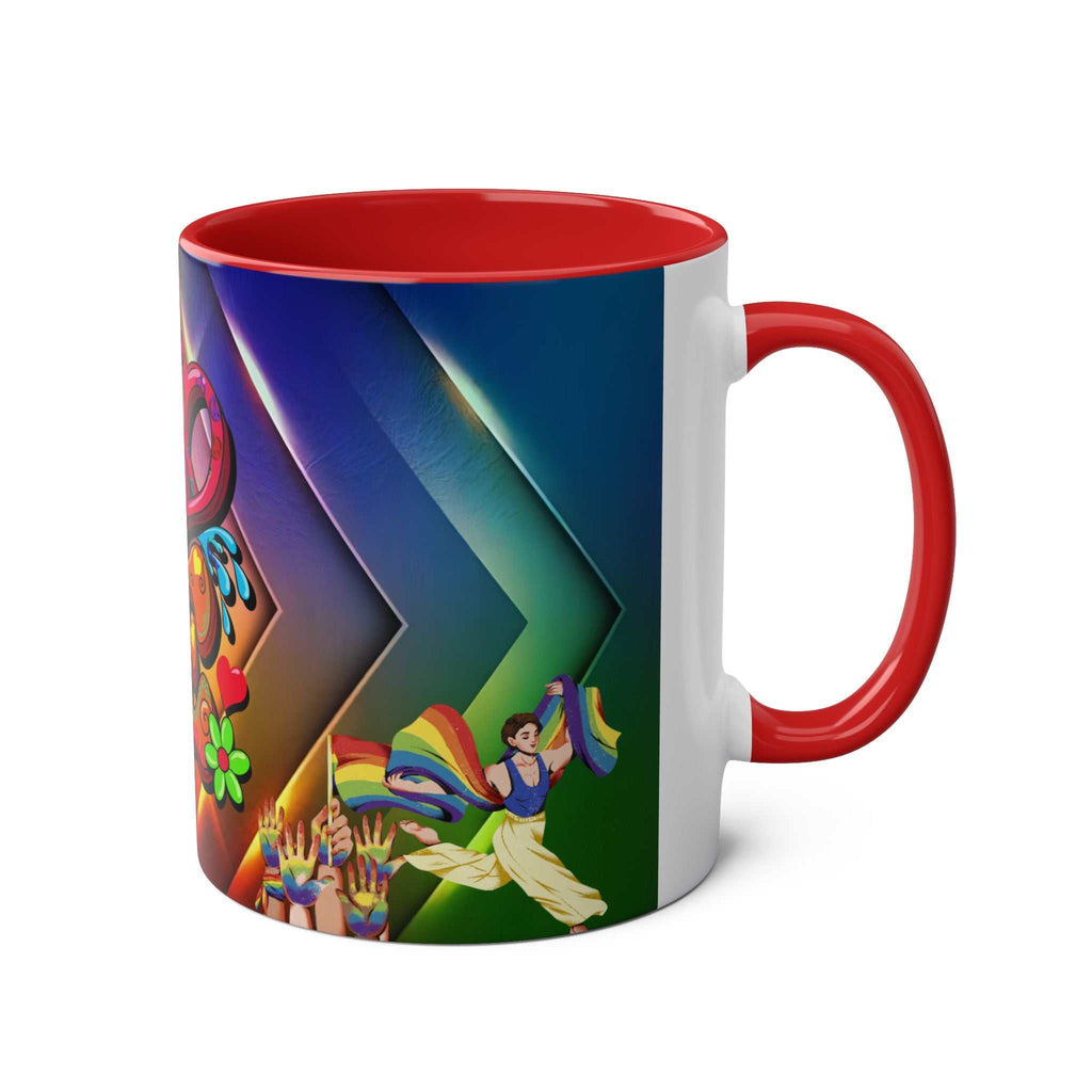 Vibrant LGBTQ+ Pride mug with rainbow design and red interior.
