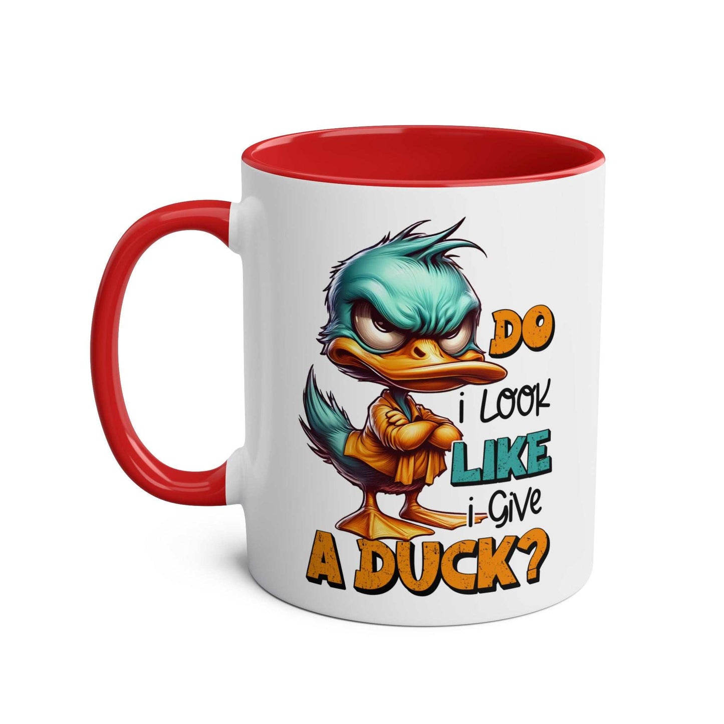 Quirky Give A Duck Coffee Mug with playful duck design and red interior.