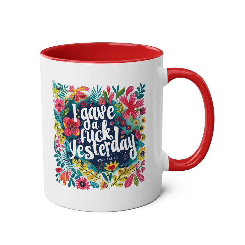 I Gave a Fuck Coffee Mug with floral design and red handle.