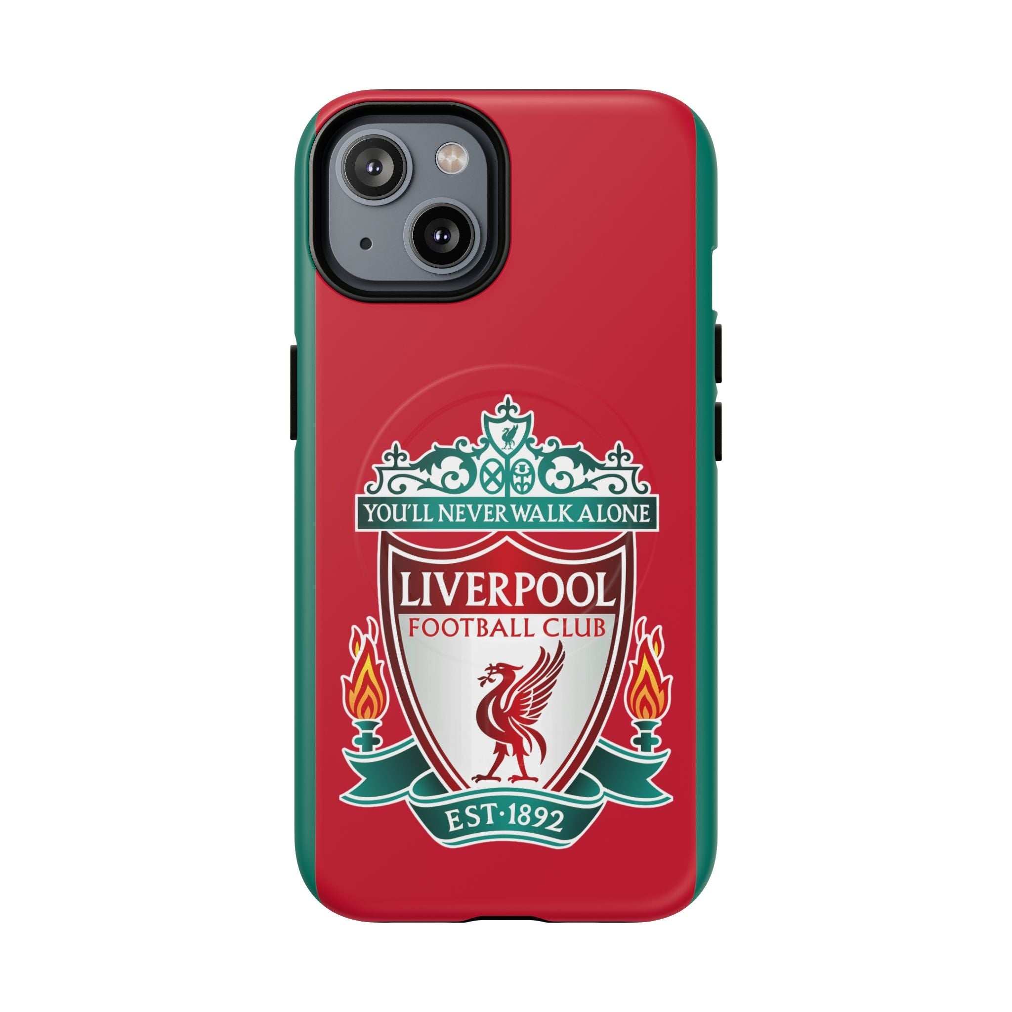 Liverpool FC MagSafe iPhone case with red color and official-inspired crest, dual-layer protection, and MagSafe compatibility
