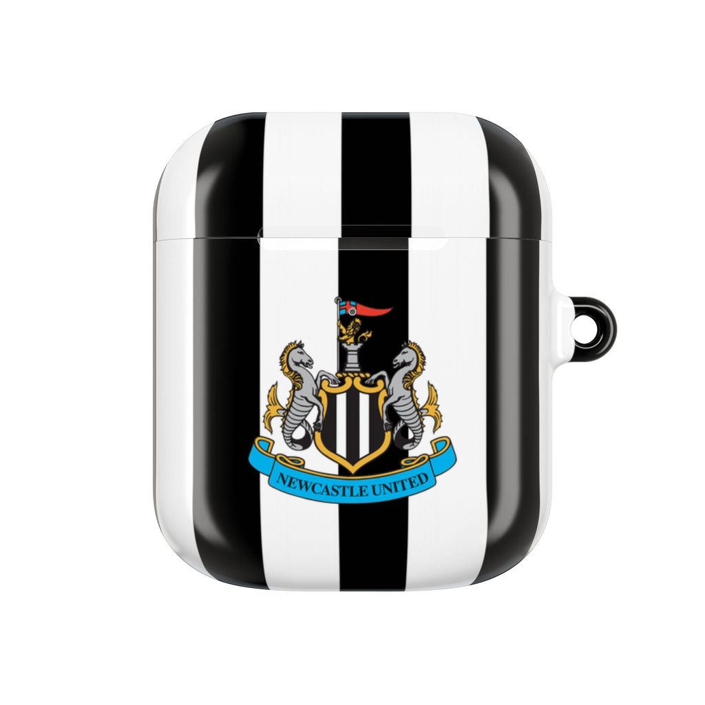Newcastle Utd FC AirPods Pro protective case with black and white stripes and club crest, durable shock-resistant design, compatible with wireless charging