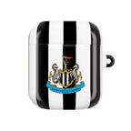 Newcastle Utd FC AirPods Pro protective case with black and white stripes and club crest, durable shock-resistant design, compatible with wireless charging