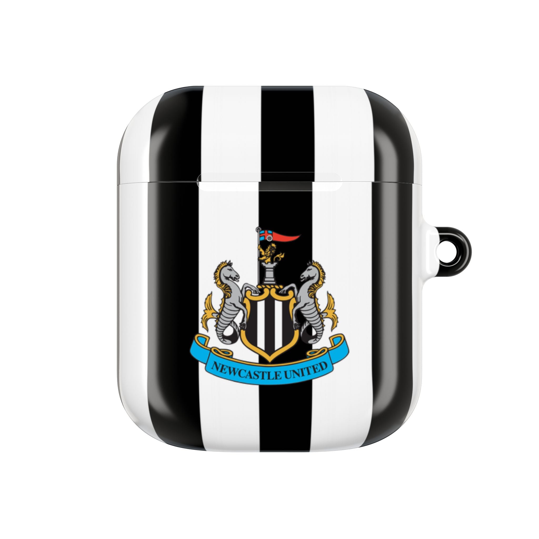 Newcastle Utd FC AirPods Pro protective case with black and white stripes and club crest, durable shock-resistant design, compatible with wireless charging