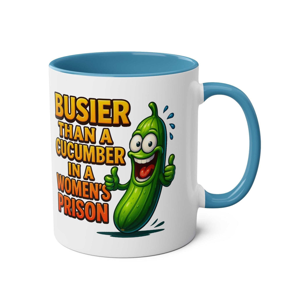 Busier Than a Cucumber coffee mug with cheeky text, colorful ceramic design, and glossy finish