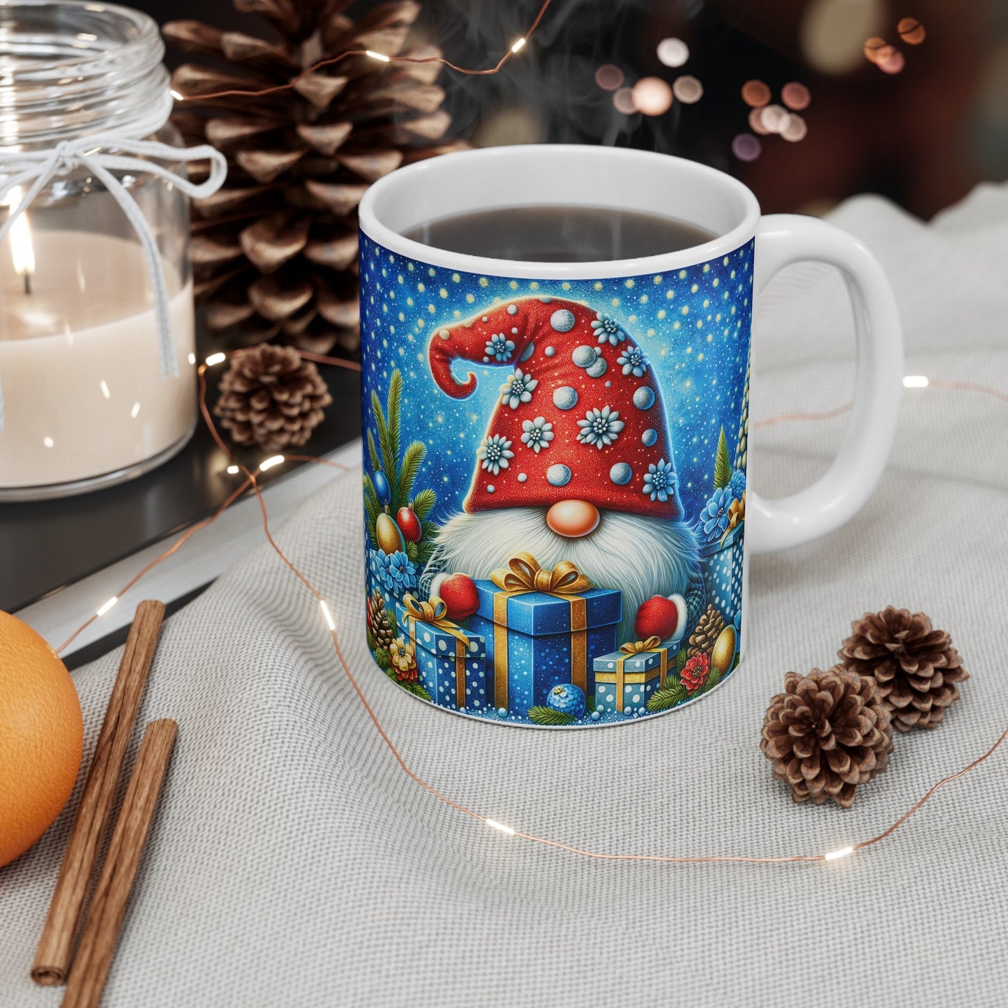 Cute gnome Christmas mug with festive design, perfect for hot chocolate. 11oz ceramic, glossy finish, microwave and dishwasher safe.