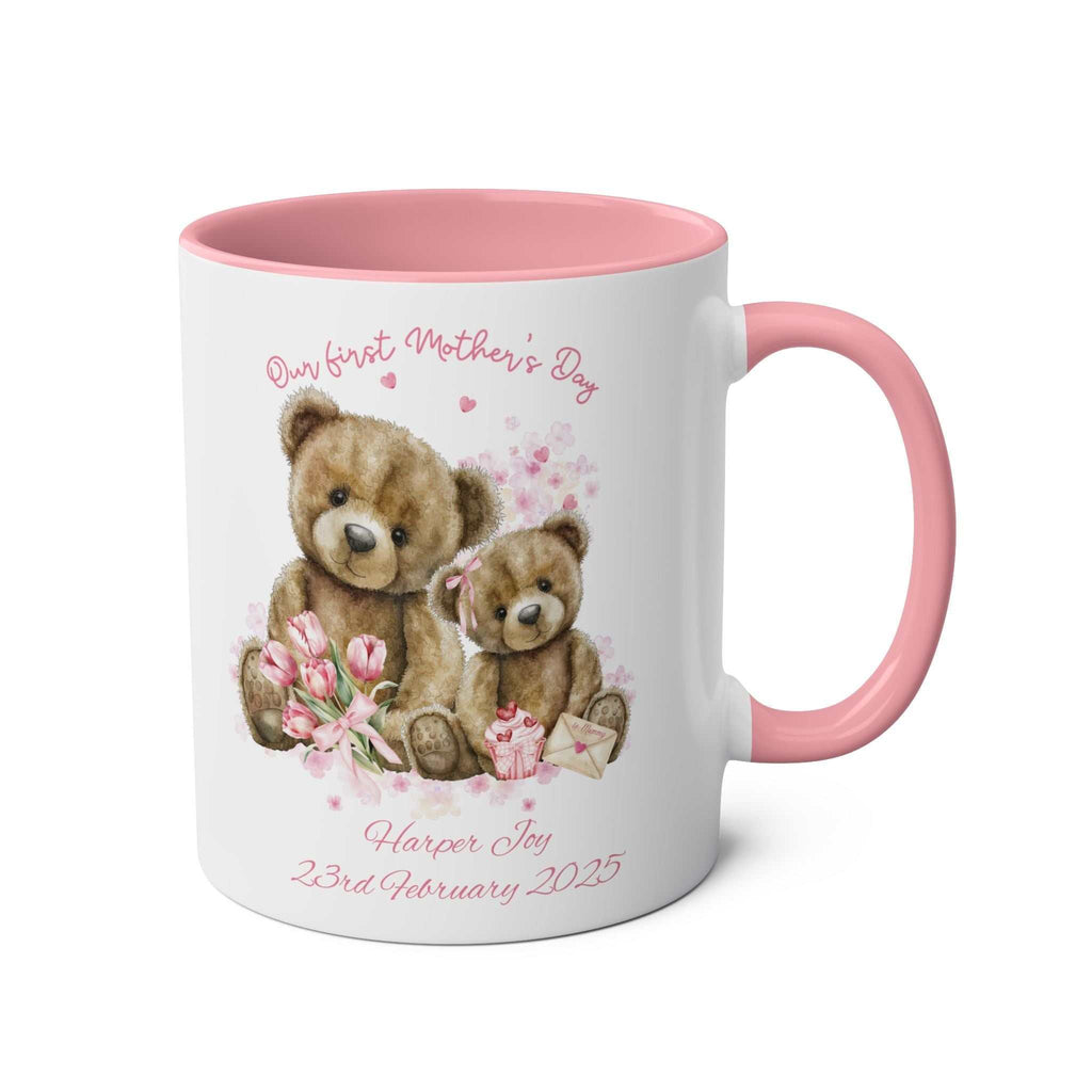 Personalised Our First Mother's Day mug with teddy bear design, baby's name and birth date, glossy ceramic gift for new mum