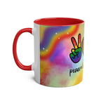 LGBTQ+ Pride mug with vibrant rainbow design and peace symbol, 11oz ceramic, red handle.