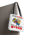 Funny Minion tote bag with cheeky design, durable spun polyester, and colorful handles.