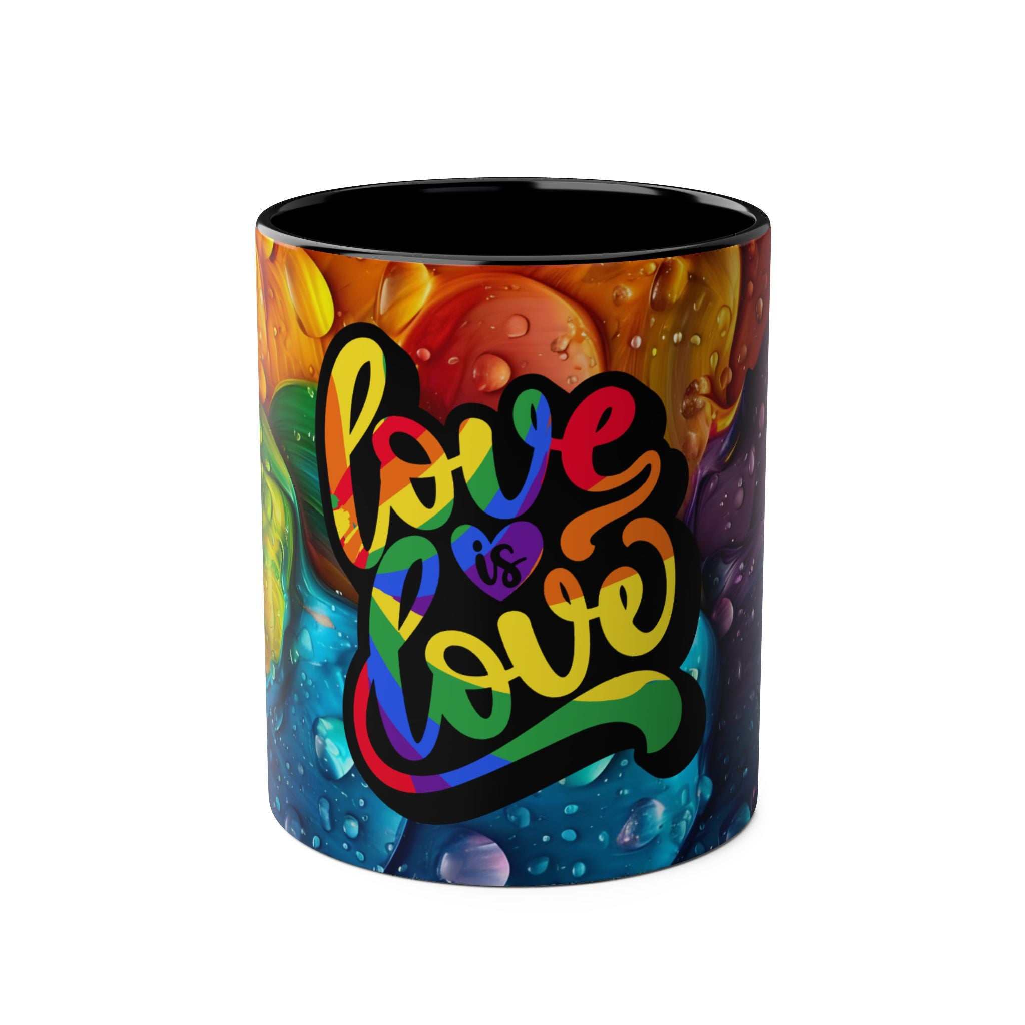 LGBTQ+ Pride mug with vibrant rainbow design and "Love is Love" message.
