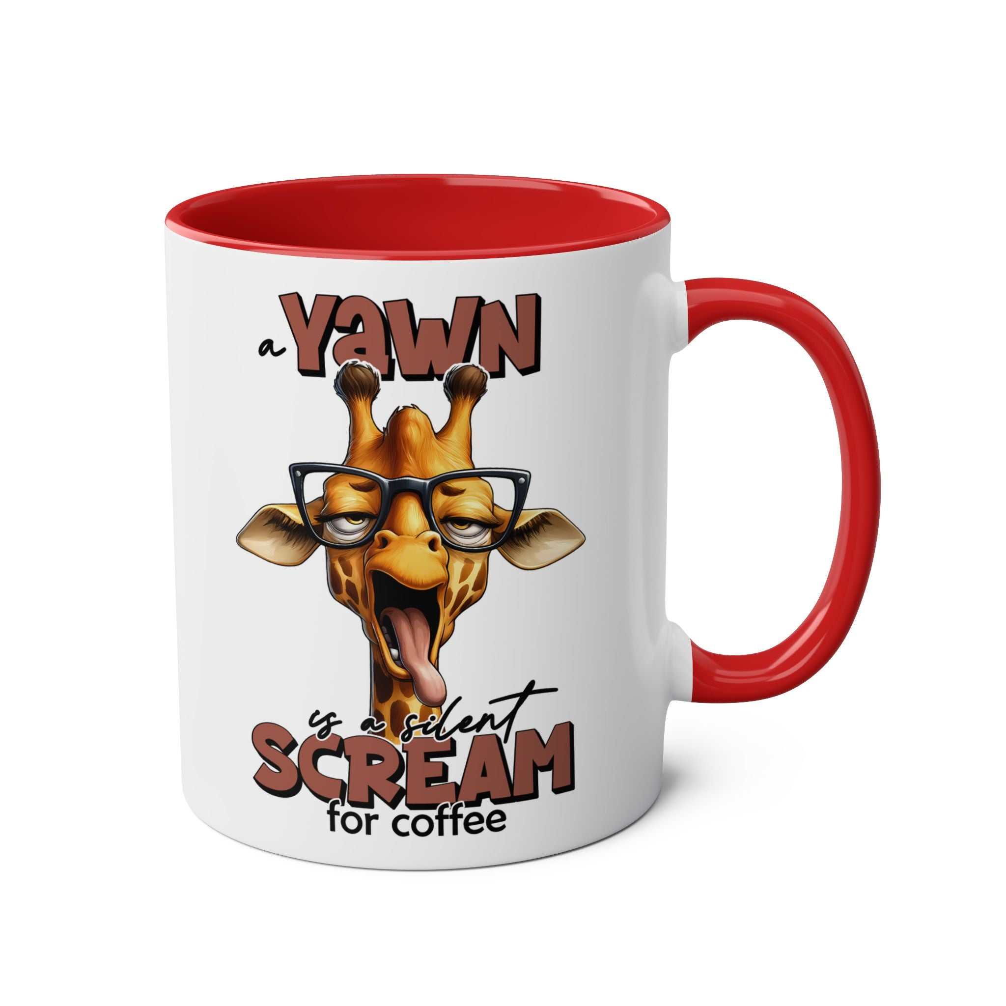 Quirky giraffe design on Yawn Coffee Mug with red handle and interior.
