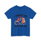I Squirt On Juicy Wieners T-Shirt with bold, cheeky hot dog graphic on soft cotton fabric