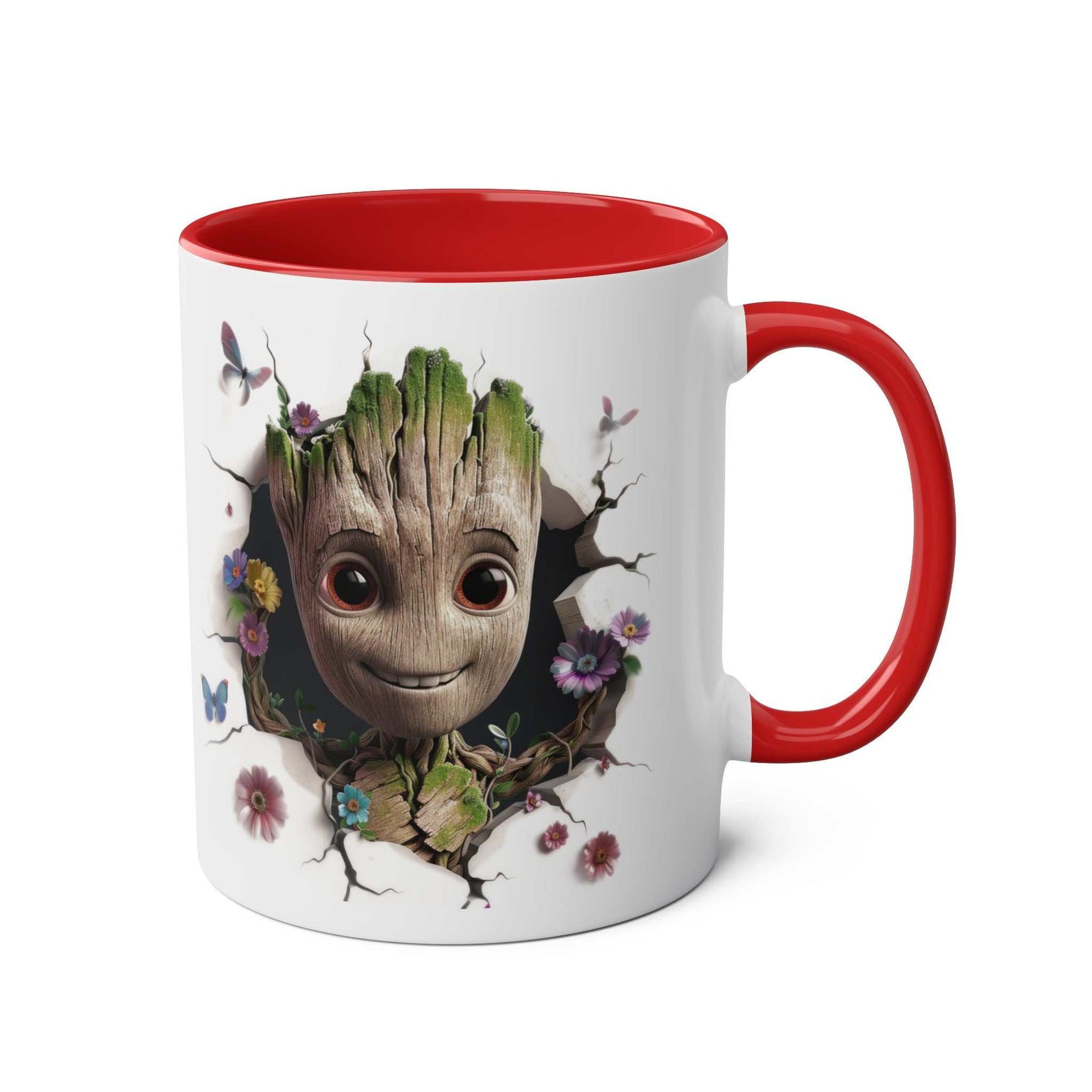 Baby Groot inspired coffee mug with red handle, featuring playful Guardians of the Galaxy design.