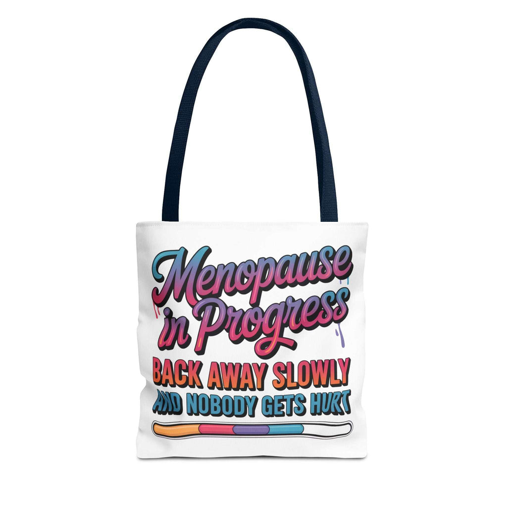Menopause in Progress tote bag with cheeky design, durable polyester, multiple sizes, and colorful handles for daily use