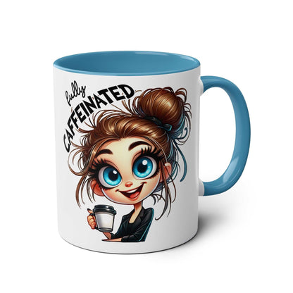 Fun Sarcastic Coffee Mug with cartoon character, blue handle, and "fully caffeinated" text.