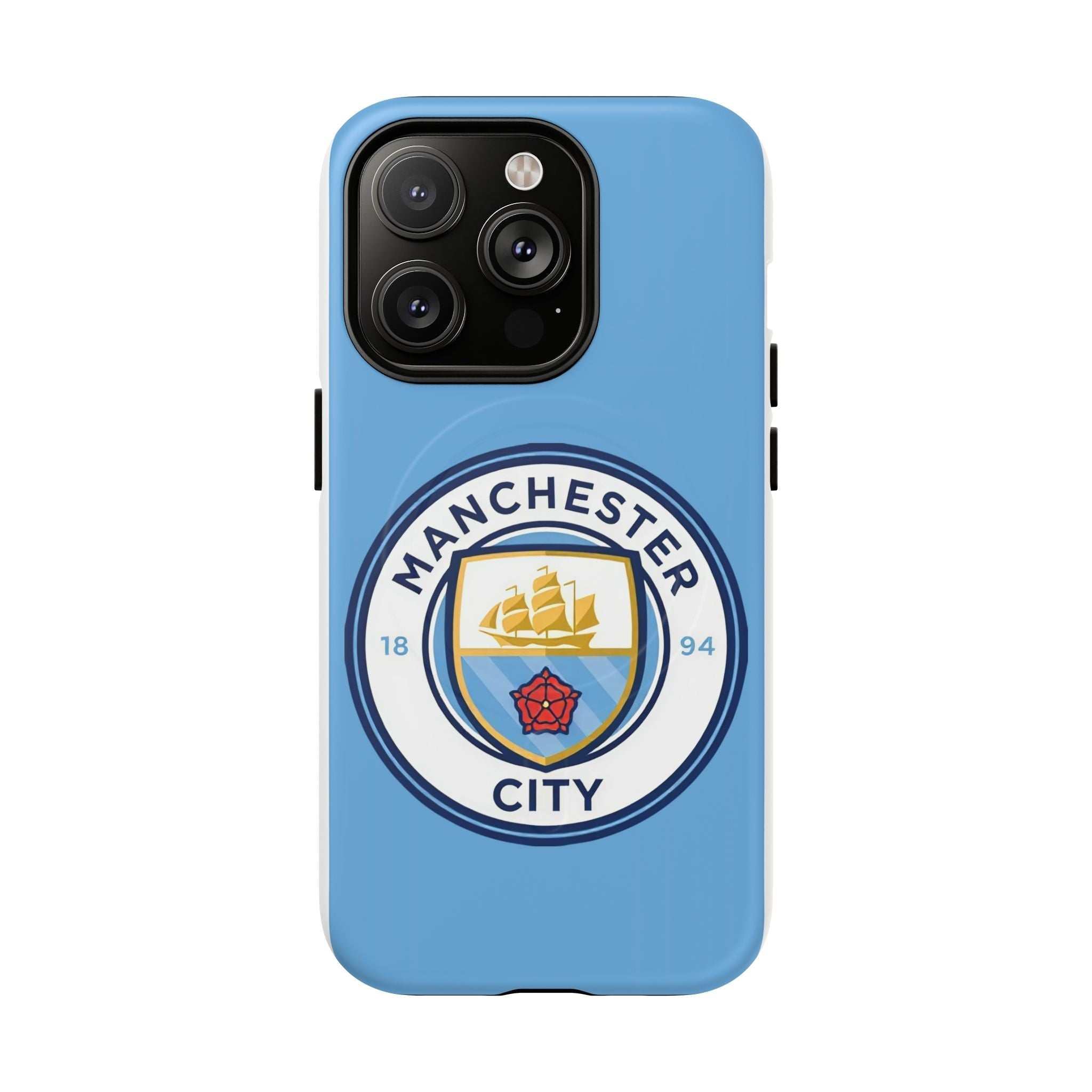 Manchester City MagSafe iPhone case with sky blue color and club logo, MagSafe compatible and dual-layer protection