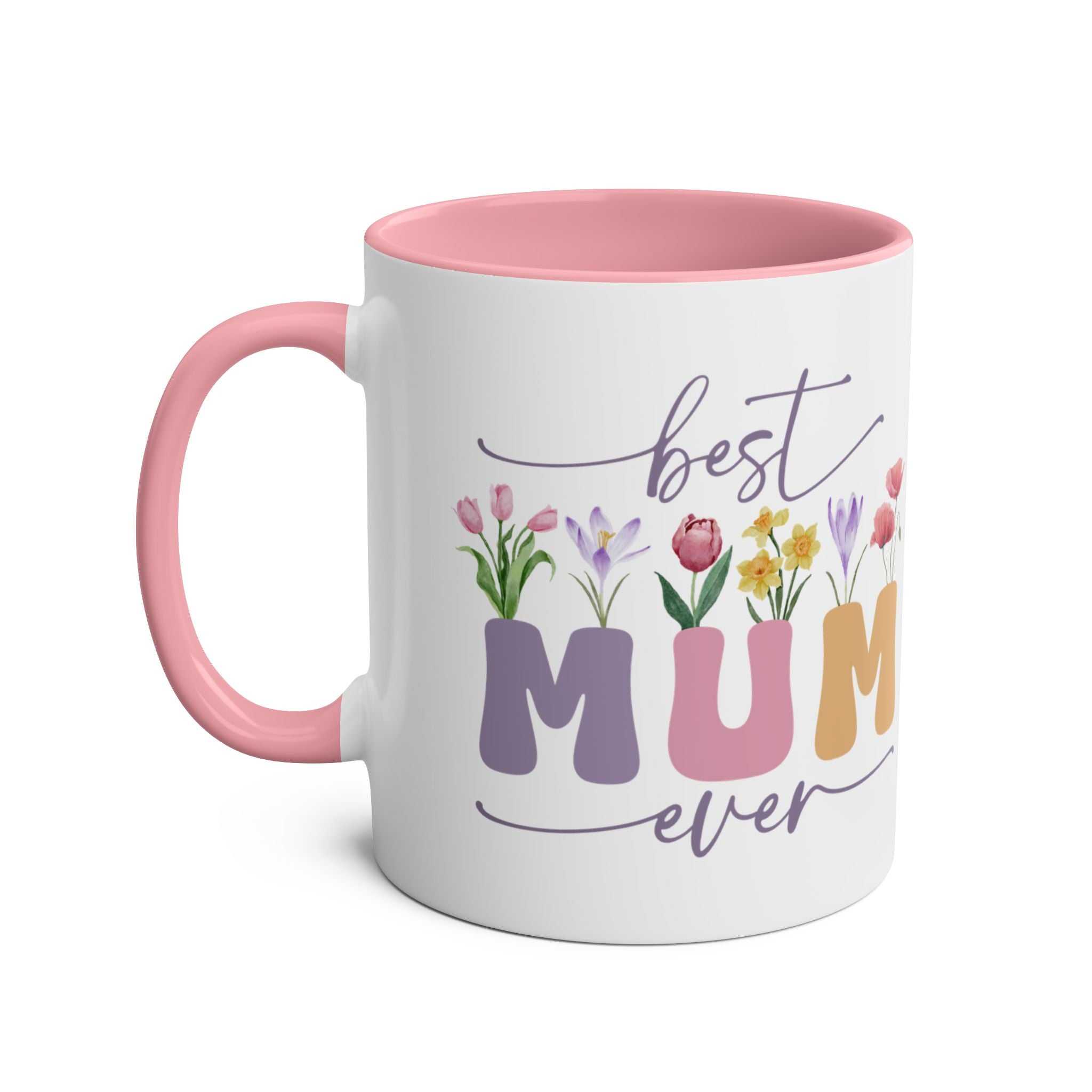 Best Mum Ever Mother's Day gift mug with floral design, pink handle, and interior.