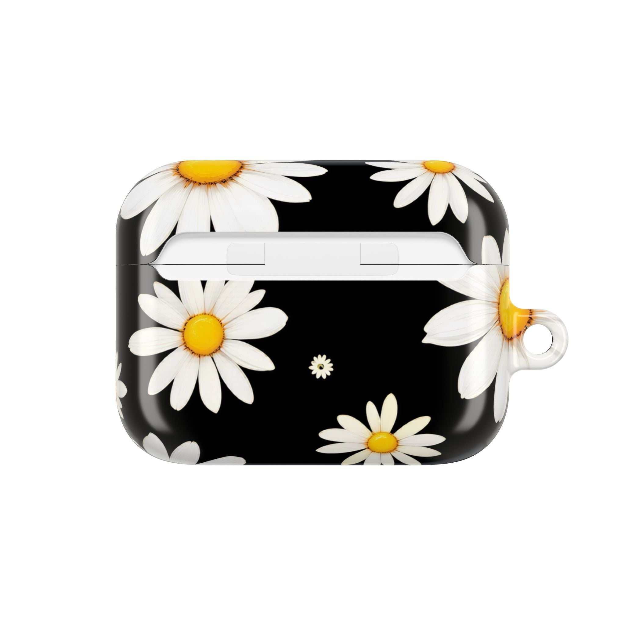 Black Daises AirPods protective hard shell case with vibrant daisy design and glossy finish