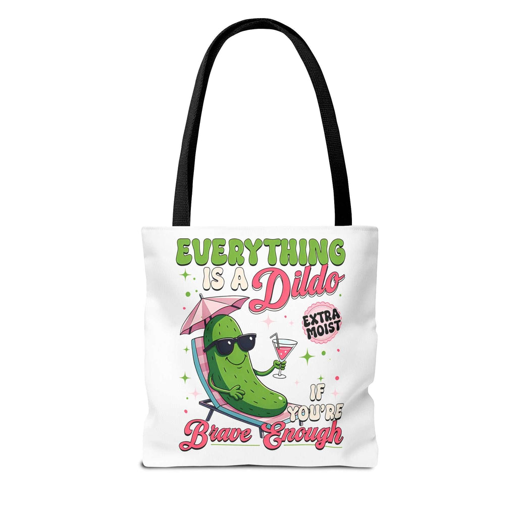 Cheeky Quote Pickle Tote Bag with fun design, durable polyester, cotton straps, and multiple sizes and handle colors