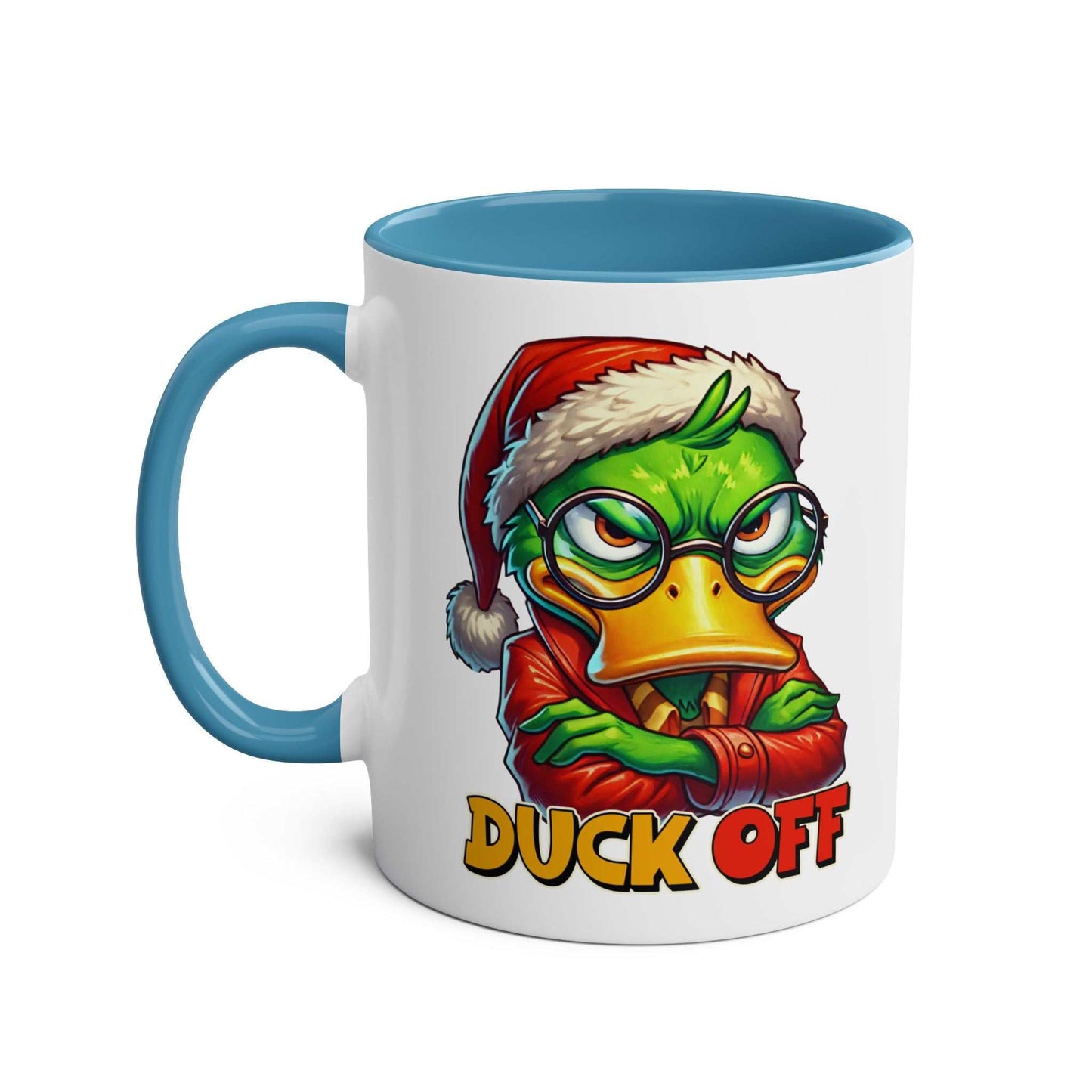 Sarky Christmas Mug with sassy duck design and 'Duck Off' text, available in 7 colors.