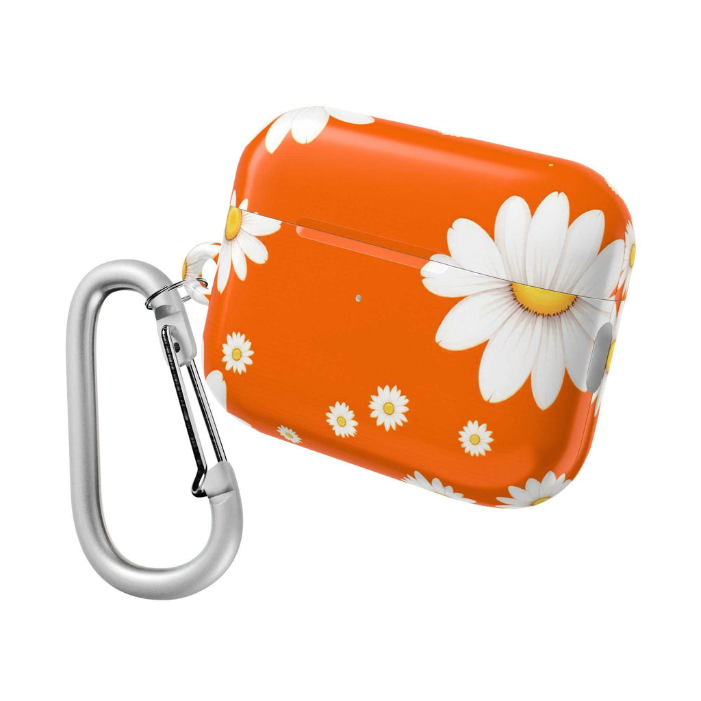 Orange Daises AirPods protective case with white daisy design and carabiner clip
