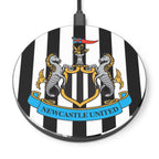 Newcastle Utd Wireless Charger with club crest, black and white design, durable aluminium casing, 10W fast Qi charging, 10cm diameter, non-slip base, compatible with iPhone, Samsung, and Google Pixel.