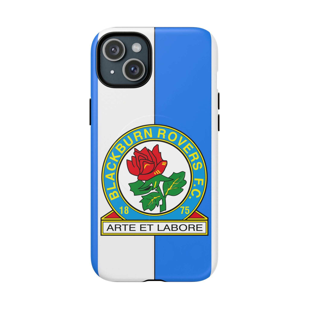 Blackburn Rovers MagSafe iPhone case with club crest, blue and white design, dual-layer protection, and wireless charging compatibility.
