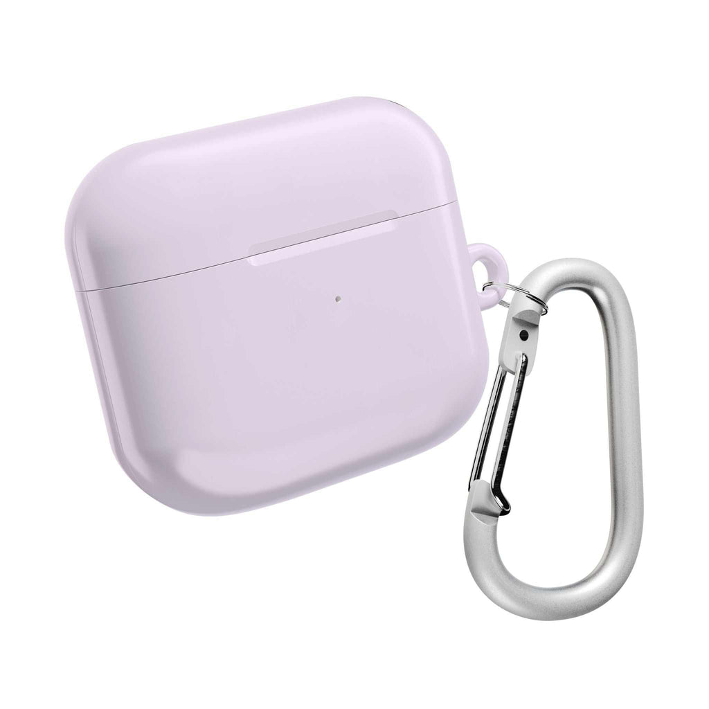 Lavender AirPods protective case with hard shell, glossy finish, and silver carabiner clip