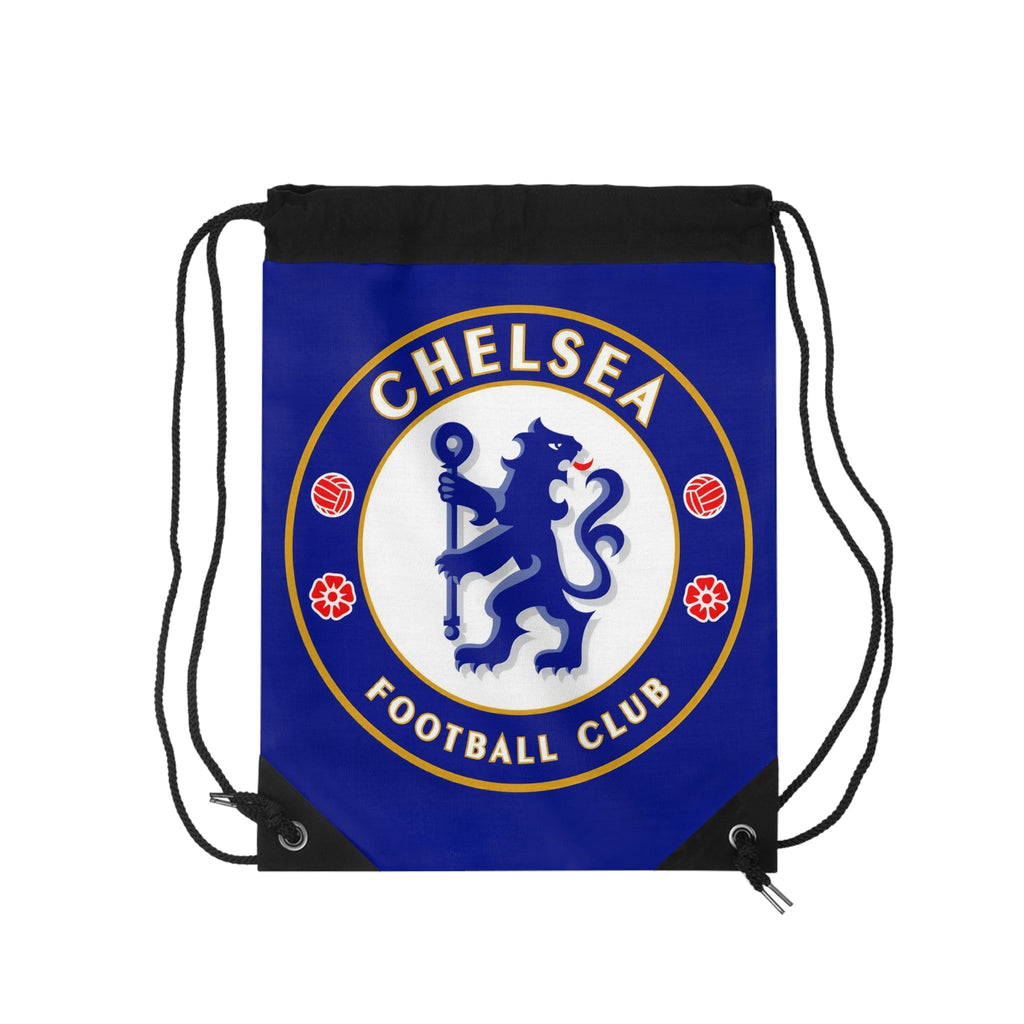 Chelsea FC drawstring bag with blue and white colors and lion crest, lightweight polyester, spacious interior, and secure closure for sports and travel.