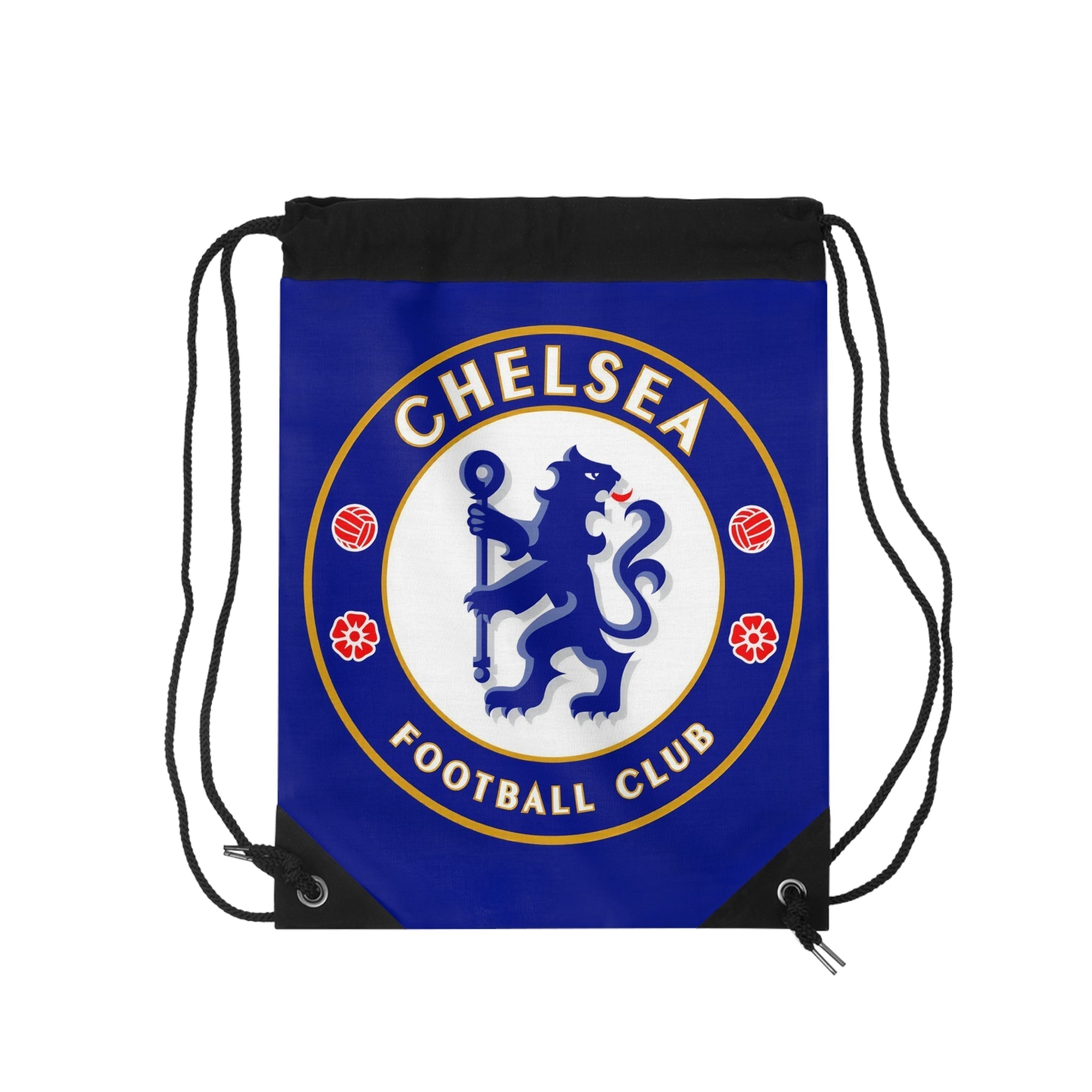 Chelsea FC drawstring bag with blue and white colors and lion crest, lightweight polyester, spacious interior, and secure closure for sports and travel.