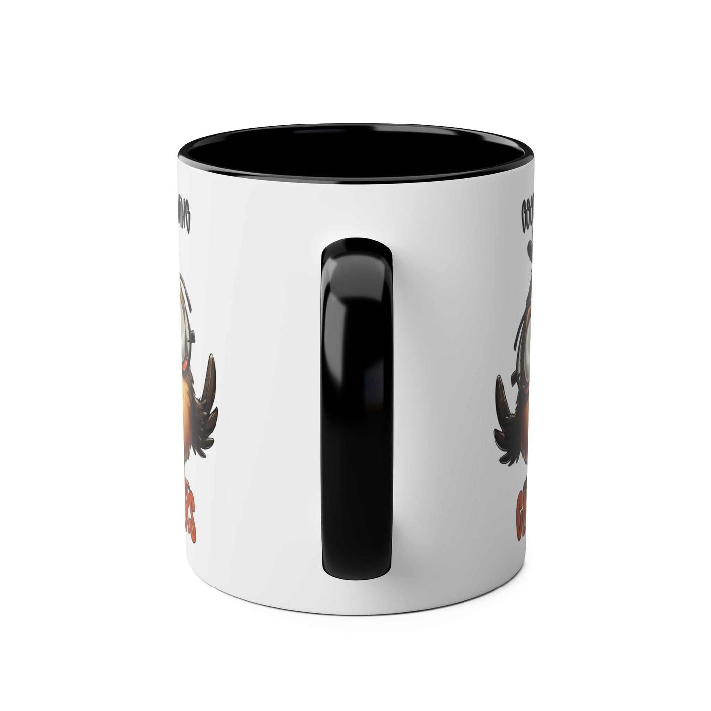 Funny Morning Cluckers Coffee Mug with black handle, glossy finish, and quirky chicken design.