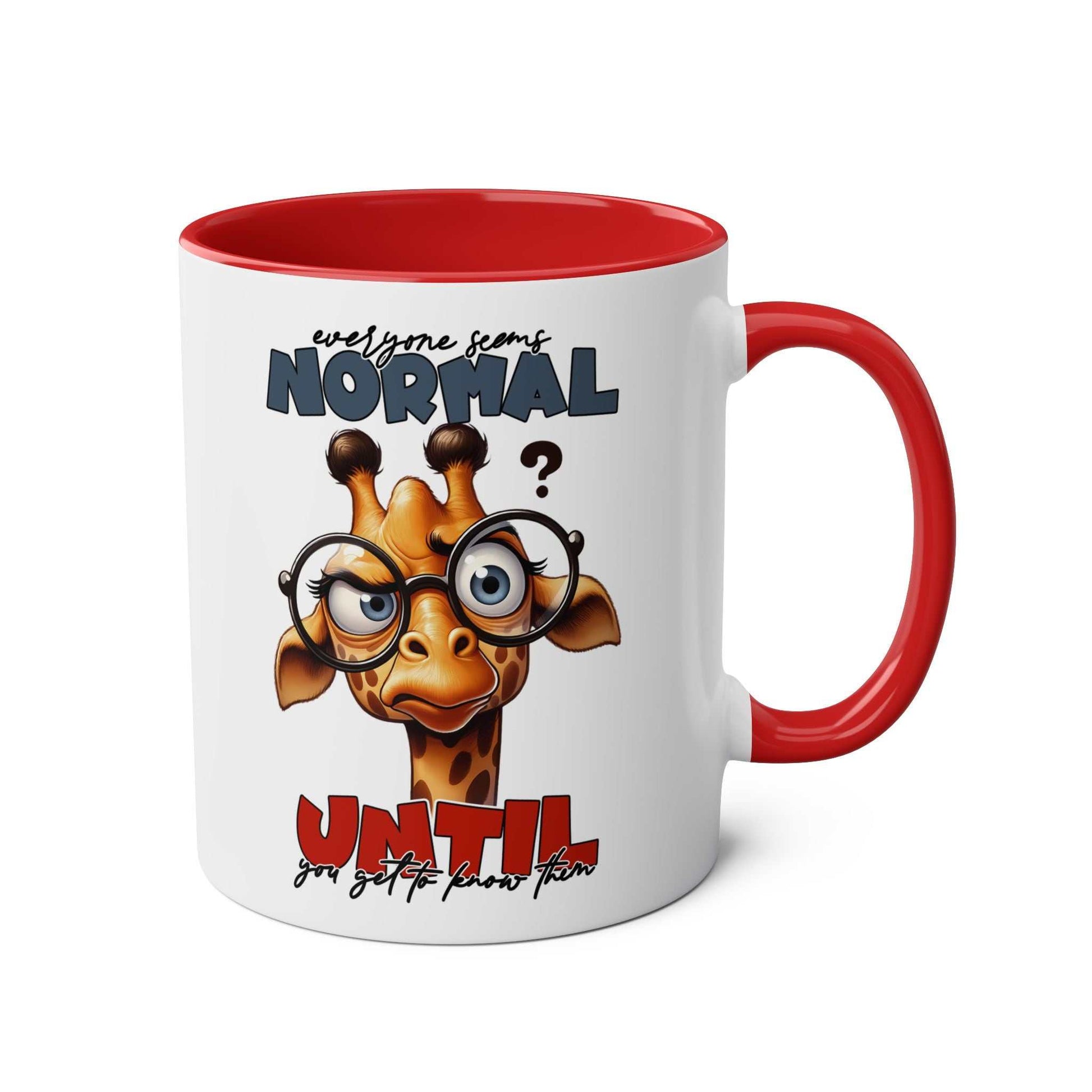 Playful giraffe design on the Everyones Normal Coffee Mug with red handle and rim.