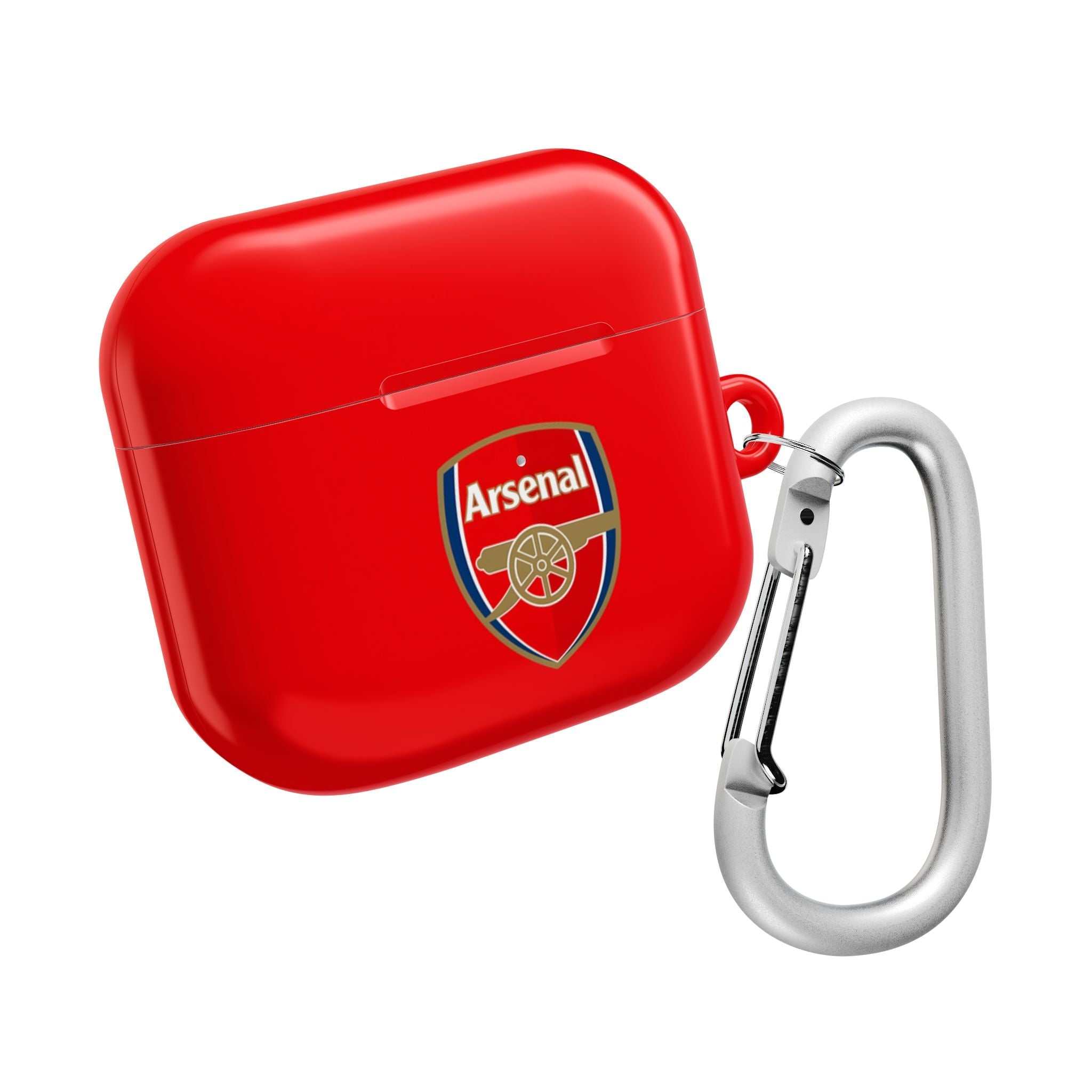 Red Arsenal FC AirPods protective hard case with club logo and attached silver carabiner clip