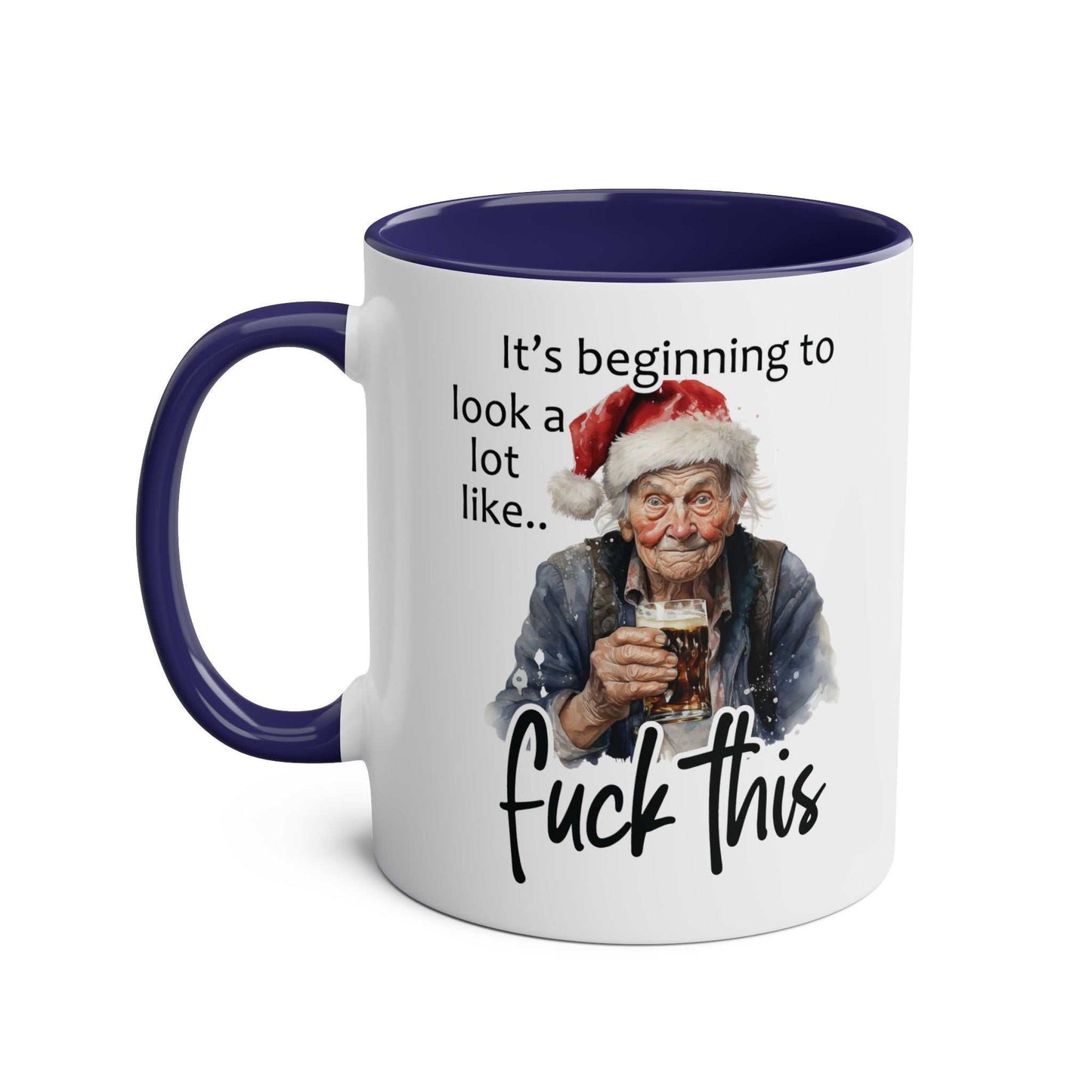 Festive Sweary Granny Christmas Mug with humorous design and blue handle.