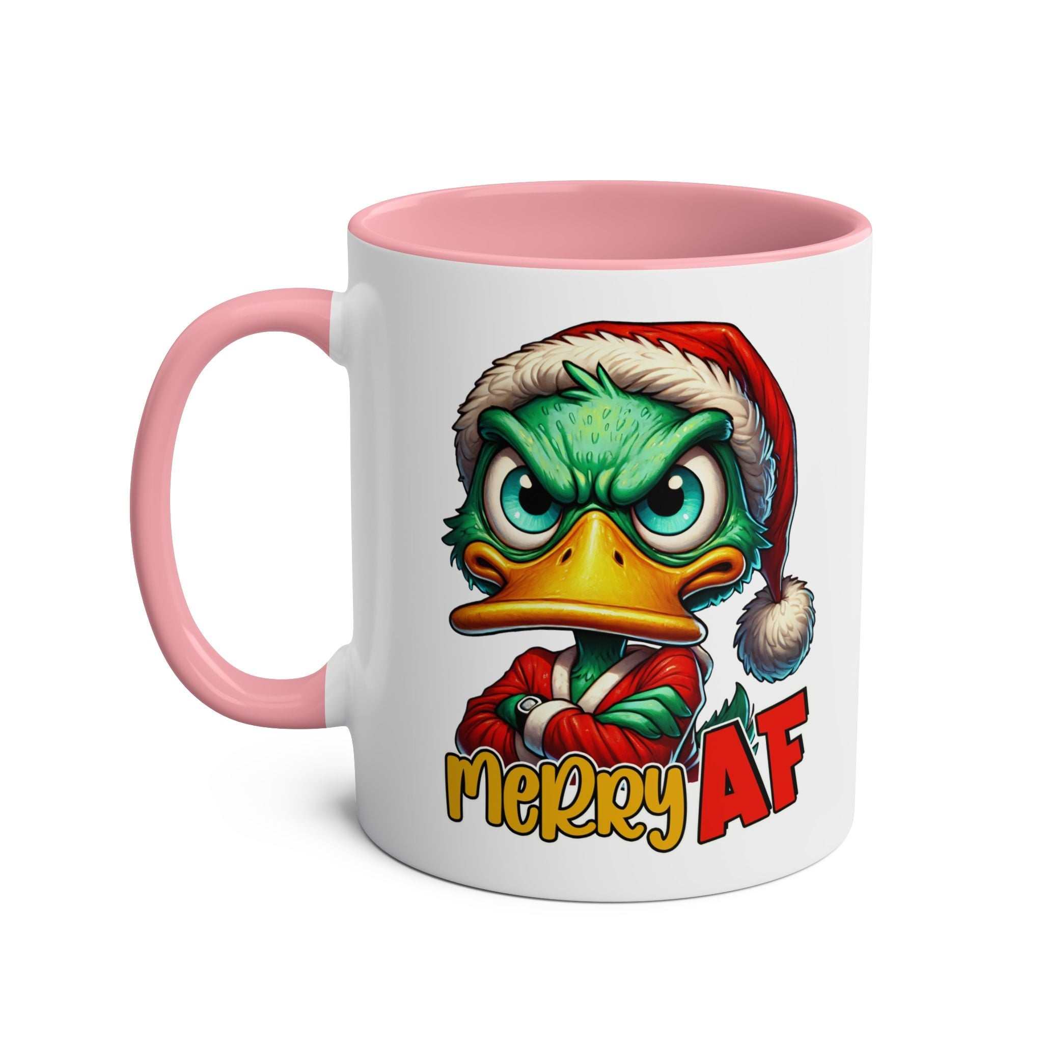 novelty Christmas mug with sassy duck design, 11oz ceramic, pink handle