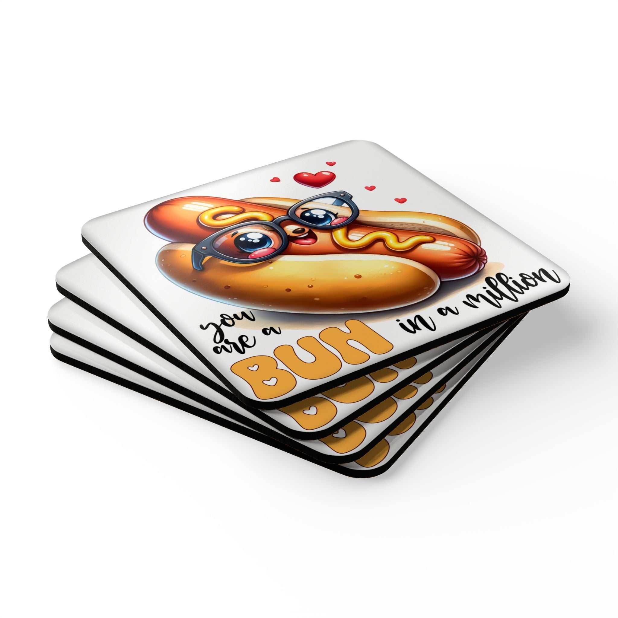 Bun In A Million Coaster Set with quirky hot dog design, water-repellent and non-slip.