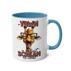 Quirky giraffe design Yawn Coffee Mug with blue interior and handle, featuring text "A yawn is a silent scream for coffee".