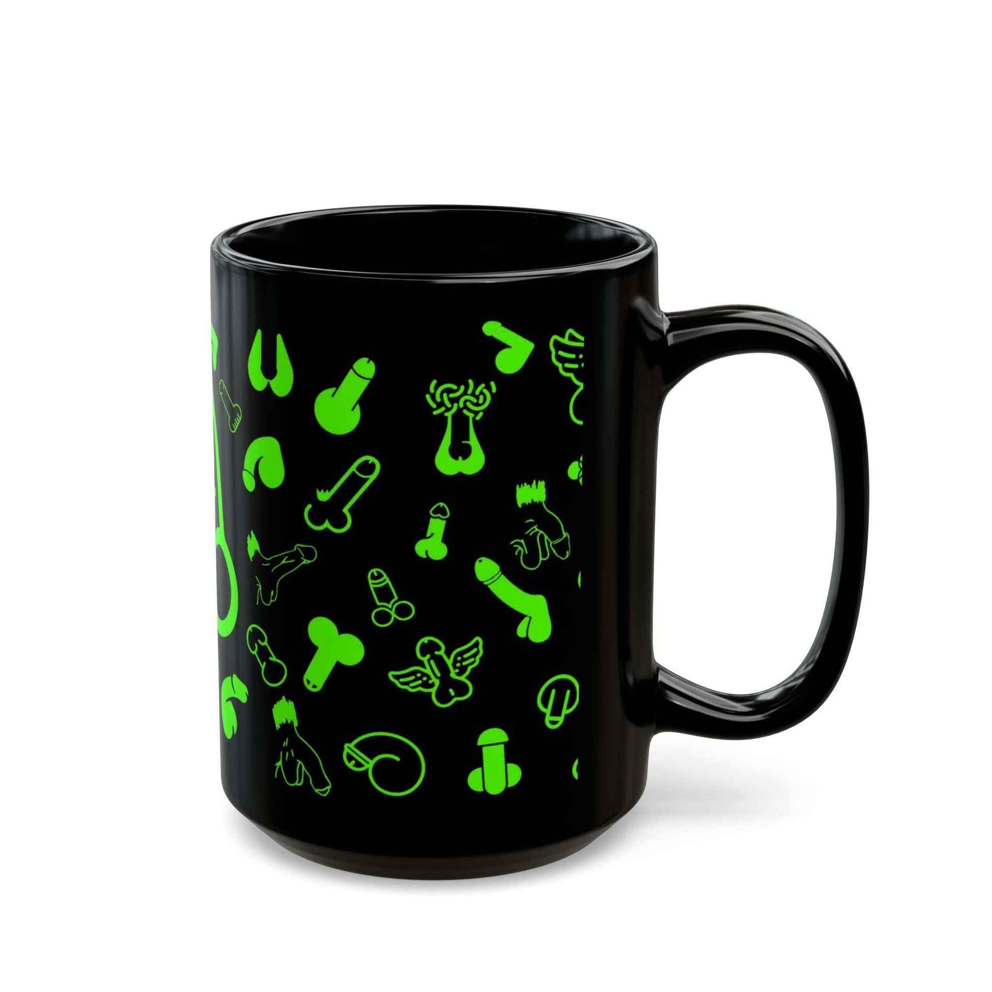 Black ceramic mug with playful green willies print, glossy finish, Cheeky Fun Green Willie Mug.