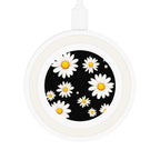 Black Daisy Design 5W wireless charging pad with white daisies on black background, compact and durable for phones