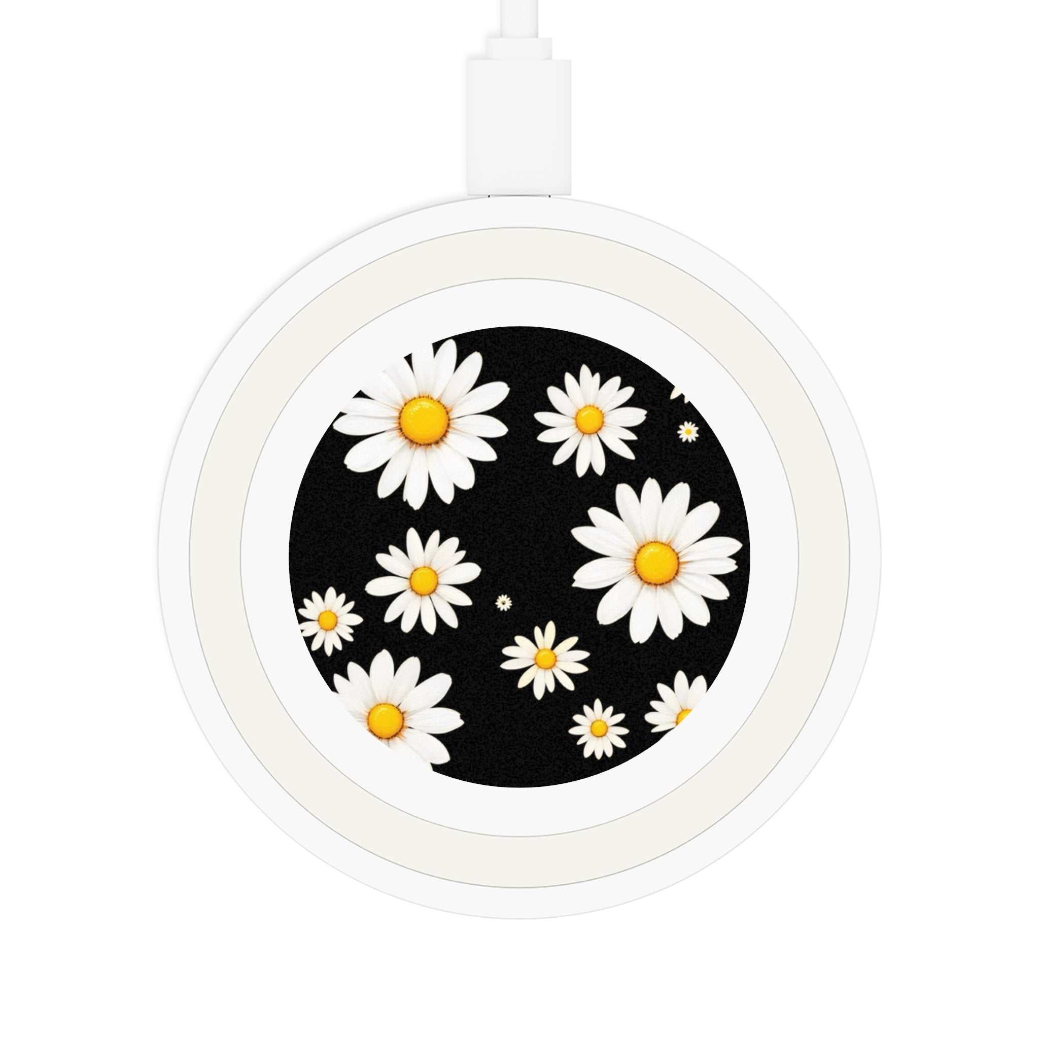 Black Daisy Design 5W wireless charging pad with white daisies on black background, compact and durable for phones