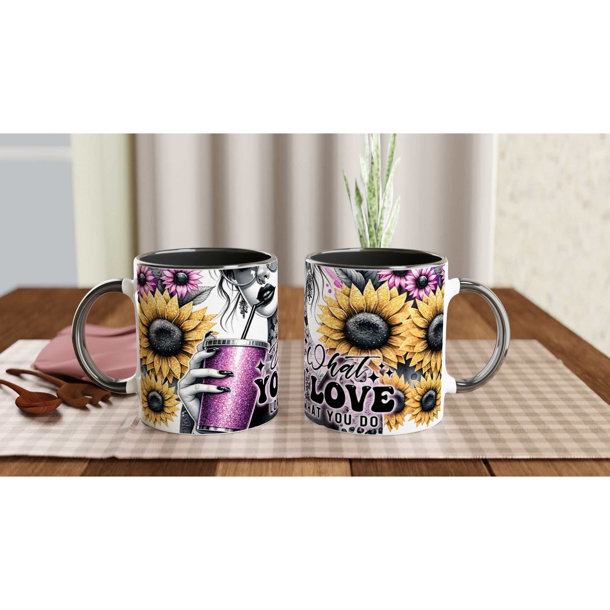 Do What You Love - Motivational Coffee Mug with sunflower design, glossy finish, and vibrant colors, perfect for hot beverages.