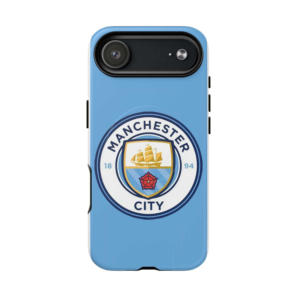 Manchester City MagSafe iPhone case with logo and sky blue color, dual layer protection, MagSafe compatible