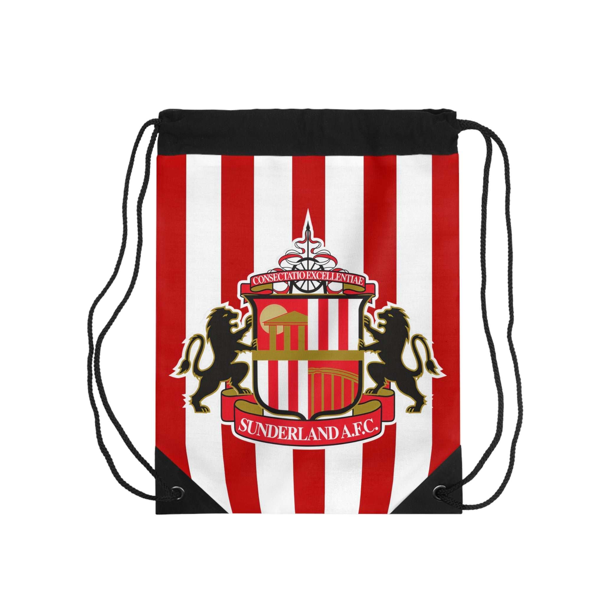Sunderland Fc drawstring bag in red and white with club crest, lightweight polyester, spacious interior, and secure drawstring closure.