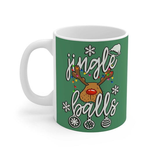 Cheeky Fun Christmas Mug with reindeer and festive design, green background.