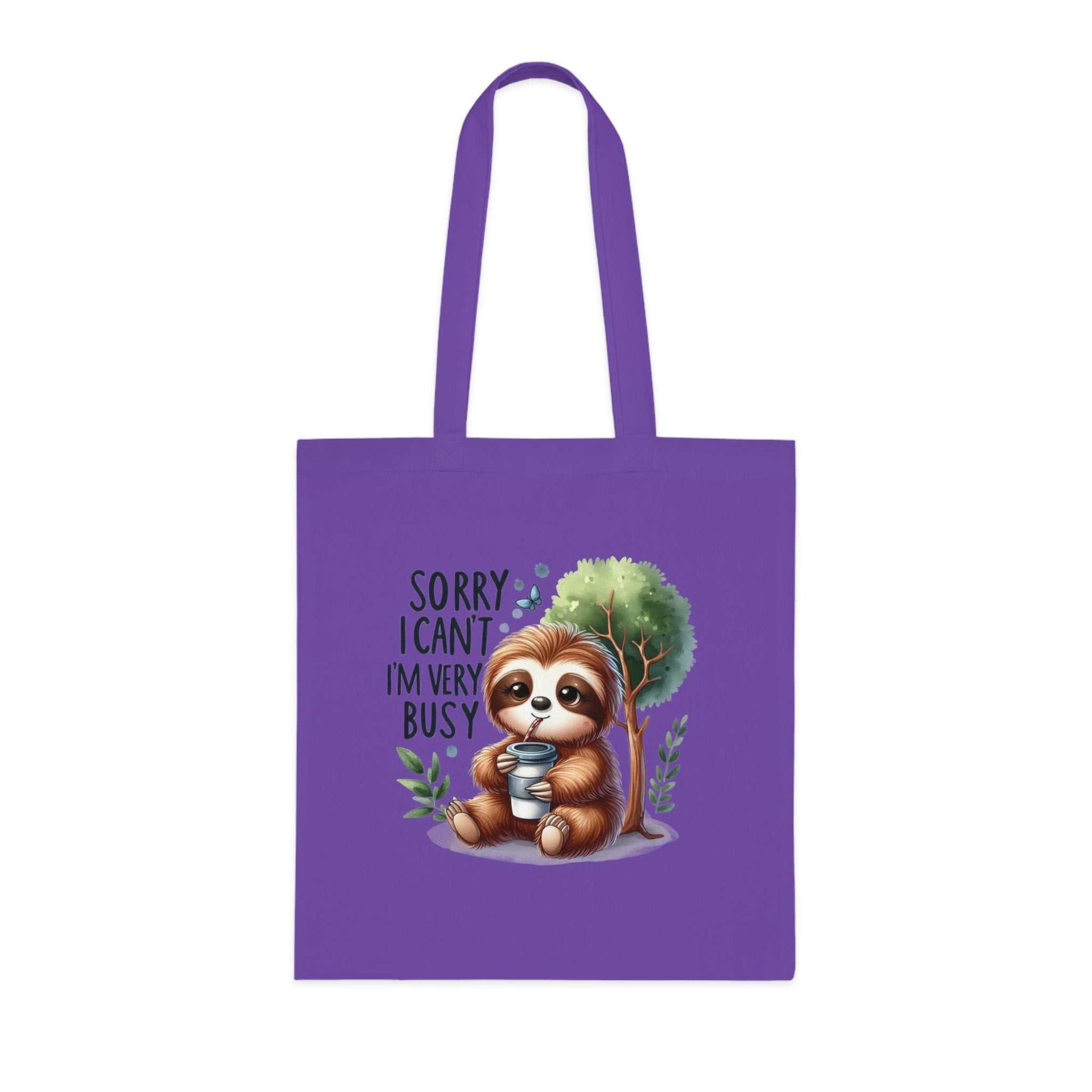 Cotton tote bag with cute sloth design, vibrant colors, and durable 100% cotton fabric.